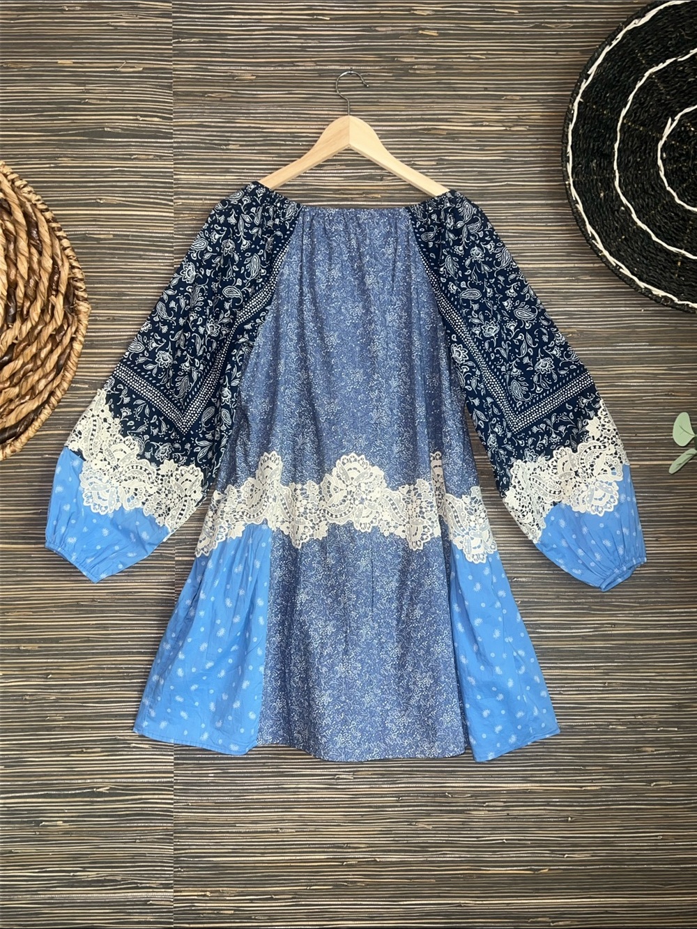 LOFT Lace Paisley Tie Mini Dress Boho Western Precious Sapphire SMALL pockets! - Picture 9 of 17